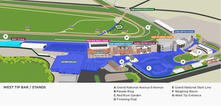 aintree racecourse map highlighting west tip enclosure